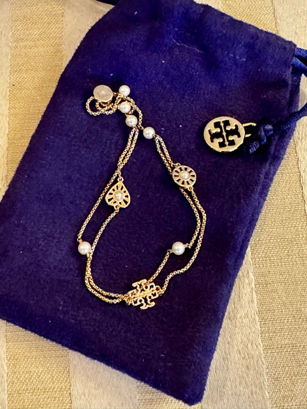 Tory Burch Gold Tone Double-Chain Bracelet with Pearl Accents